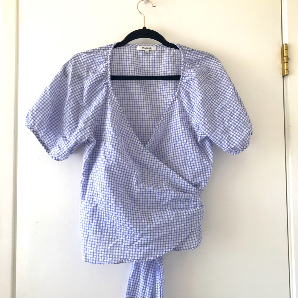Madewell Seersucker Gingham Wrap Top Puffed Size Medium Light Blue and White